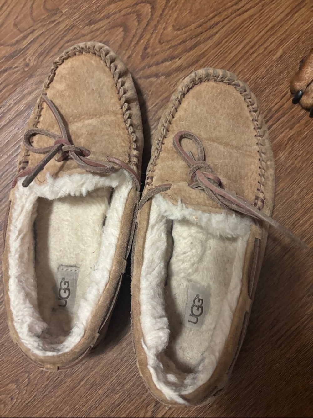 UGG Chestnut Suede Moccasin Slippers with Shearling Trim